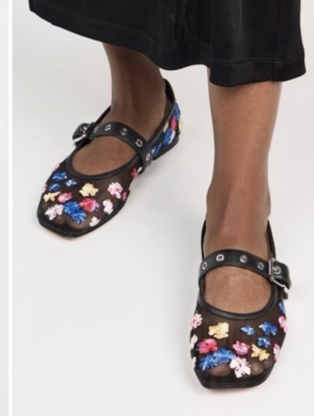 3.1 Phillip Lim Black Floral Embroidered Mesh Mary Jane Flats